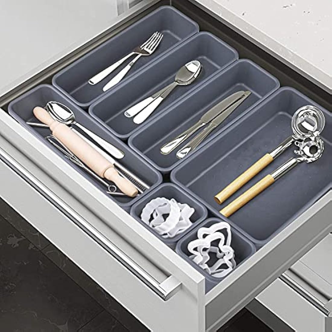 Addis 8pcs Interlocking Drawer Organiser Plastic Storage Trays Dividers for Kitchen Office Desk Make-Up Clothing Jewellery Craft Bathroom organising, White