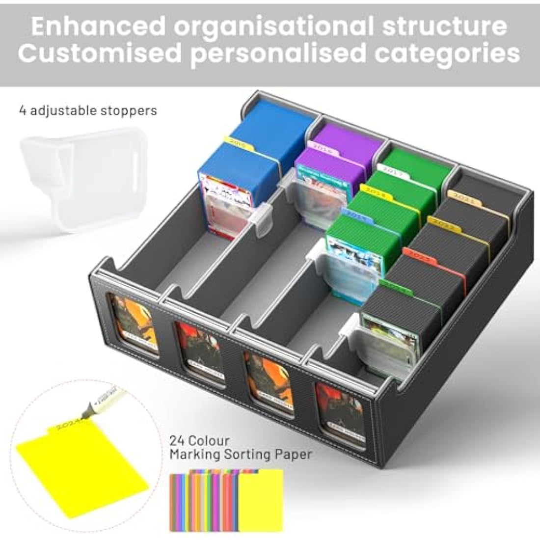 Hot Bee MTG Deck Box, Quartuple Trading Card Storage Box Holds 2400+ Cards for Yugioh, MTG, TCG, Magic the Gathering Commander Cards, Playing Card Case PU Leather Magnetic Closure, Grey