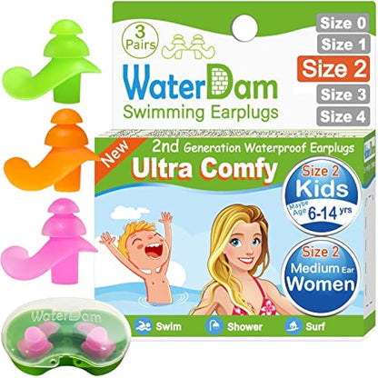 WaterDam Swimming EarPlugs Ultra Comfy Great Waterproof Prevent Swimmer'sEar(Size 2+2+2: Kids Teens MediumEar Women SmallEar Men (Green Orange Pink))