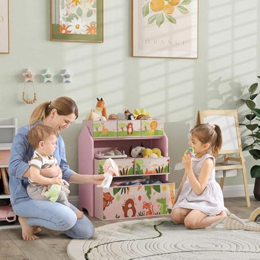 AIYAPLAY Kids Storage Unit, 3-Tier Toy Organiser Shelf with 6 Removable Storage Boxes, for Playroom, Bedroom, Children's Room, Nursery, Pink