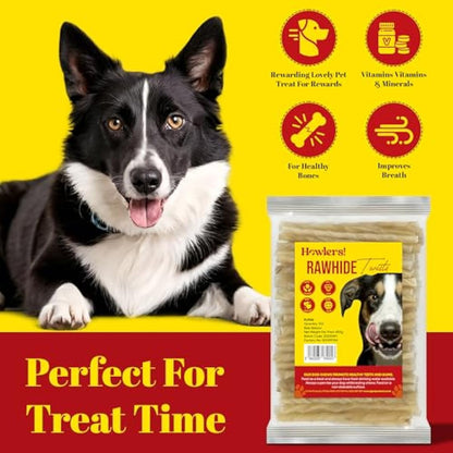 HOWLERS Natural 13cm Pack of 100 Dog Chew Rawhide Twists | Natural Dog Chews Stick For All Dogs | Delicious Dog Chew Sticks For Your Furry Friend