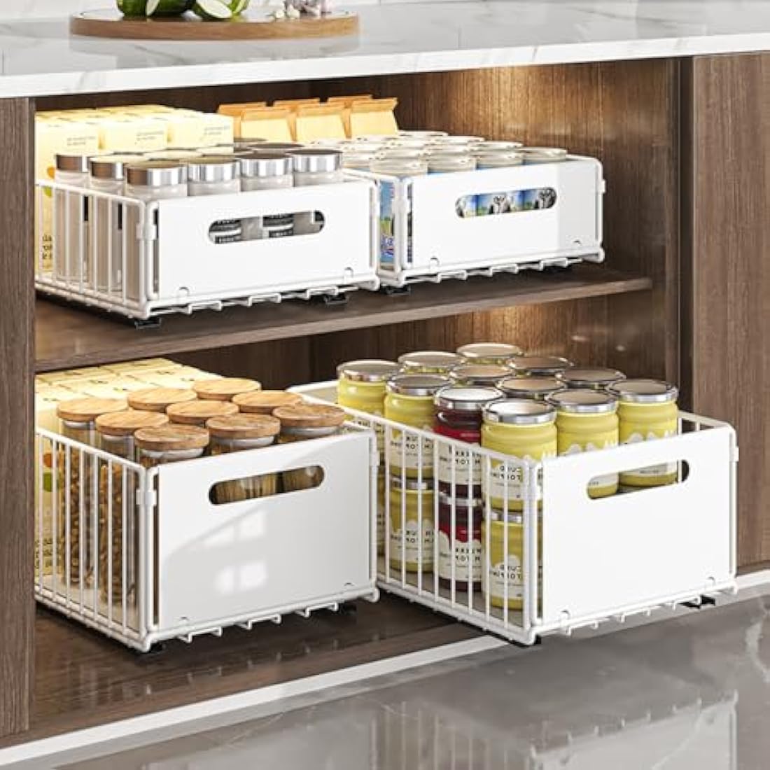 YunNasi Pull Out Cabinet Organizer Slide Out Drawer Storage Shelves Cupboard Organiser Sliding Cabinet Basket for Kitchen with Silent Slide No Drilling and Nailing (White, 2Piece 38Dx25Wx10H CM)