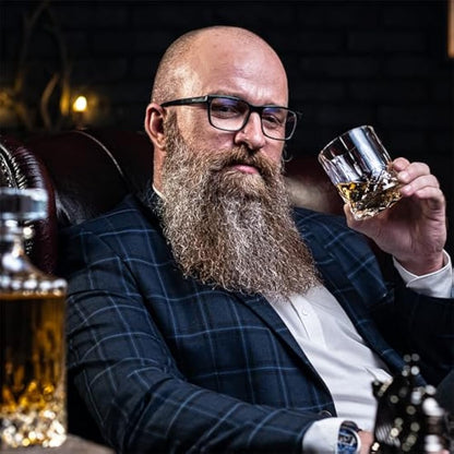 WHISISKEY - Whiskey Glass Set - Whiskey Gift Sets for Men - Whisky Glass Birthday Gifts for Men - Rum Tumblers - Mens Gifts - Whisky Set with 4 Glasses, 8 Whiskey Stones, Accessories