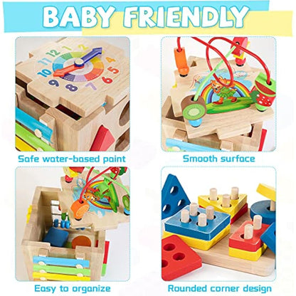 Wooden Activity Cube | 8-in-1 Montessori Toys for 12M+ Toddlers, One Year Old First Birthday Gift, Baby Toy Set with Bonus Sorting & Stacking Board (Pink)