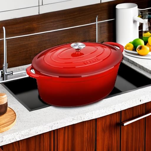 Velaze Cast Iron Casserole Dish with Lid, Non-Stick Cast Iron Dutch Oven for Home Baking, Braiser, Cooking,34cm/7.5L(Red)