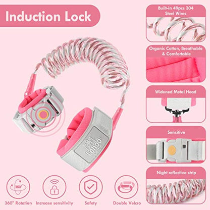 Lehoo Castle Baby Reins for Walking, 1.5M Toddler Reins for Kids with Induction Lock, Anti Lost Wrist Link Wrist Reins, Child Safety Harness for Autism Boys Girls (Pink)