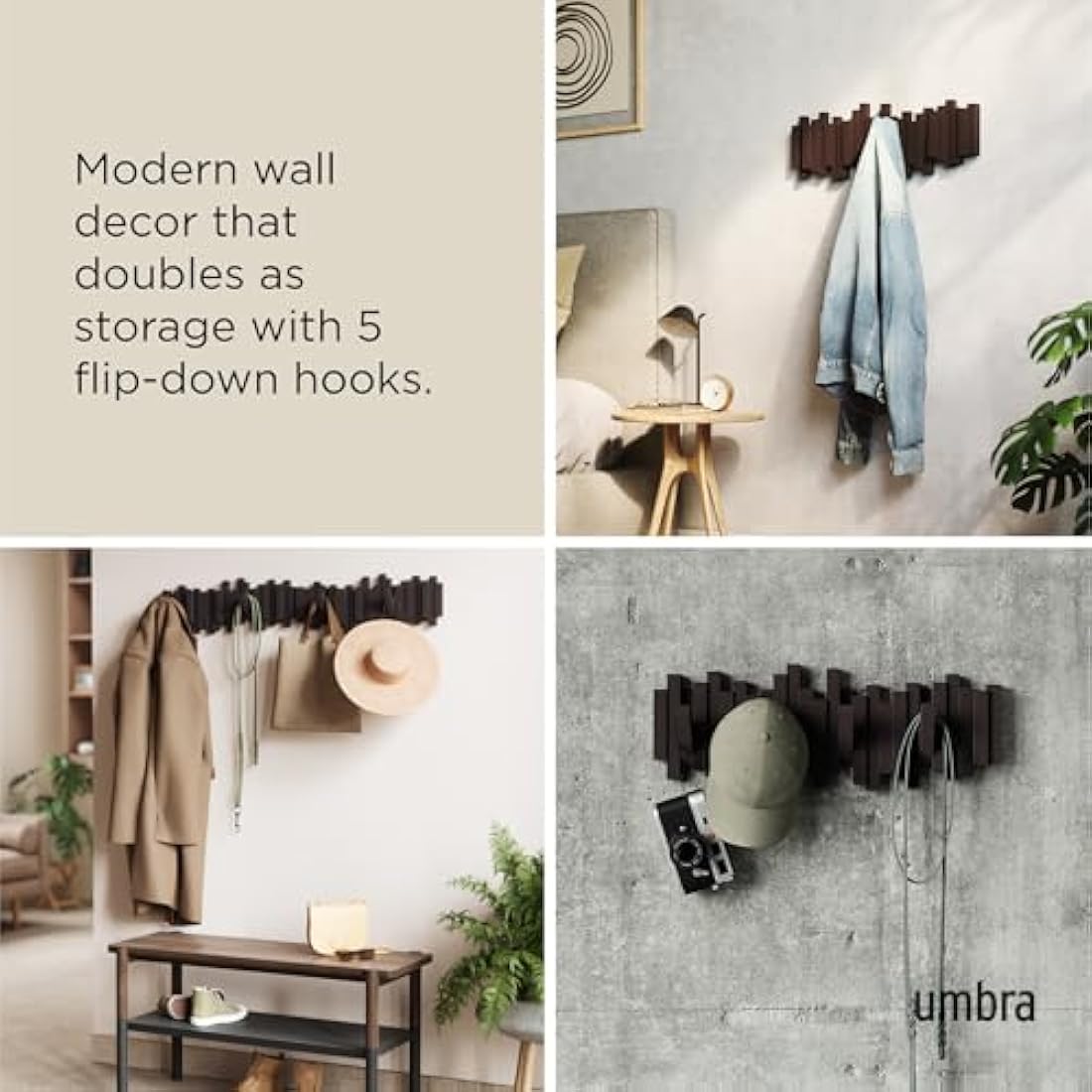 Umbra Sticks Multi Rack – Modern, Unique, Space-Saving Hanger with 5 Flip-Down Hooks for Hanging Coats, Scarves, Purses and More, Espresso, 19-1/2" x 7-1/4" x 1" h