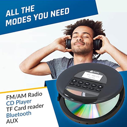 KLIM Nomad - Portable CD Player with Long-Lasting Battery - with Headphones - Radio FM - Compatible MP3 CD Player Portable - TF Card Radio FM Bluetooth - Ideal for Cars - Black