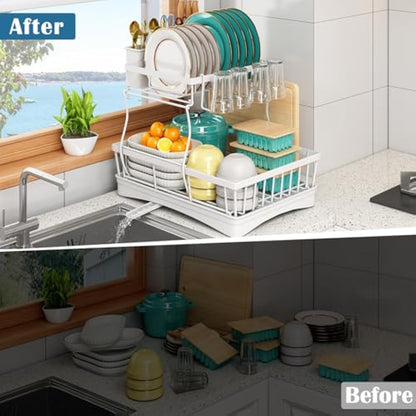 StowBin 2 Tier Dish Drainer Rack for Kitchen Counter - Space-Saving Dish Rack with Utensil Holder, Large Capacity Dish Drying Rack with Draining Board, White