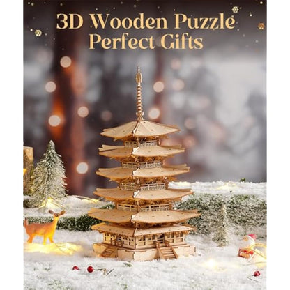 ROWOOD 3D Wooden Puzzle Five-storied Pagoda, Japanese Temple Model Kit for Adults to build, DIY Wooden Model Building Construction Craft Kits, Ideal as Christmas And Birthday Gift