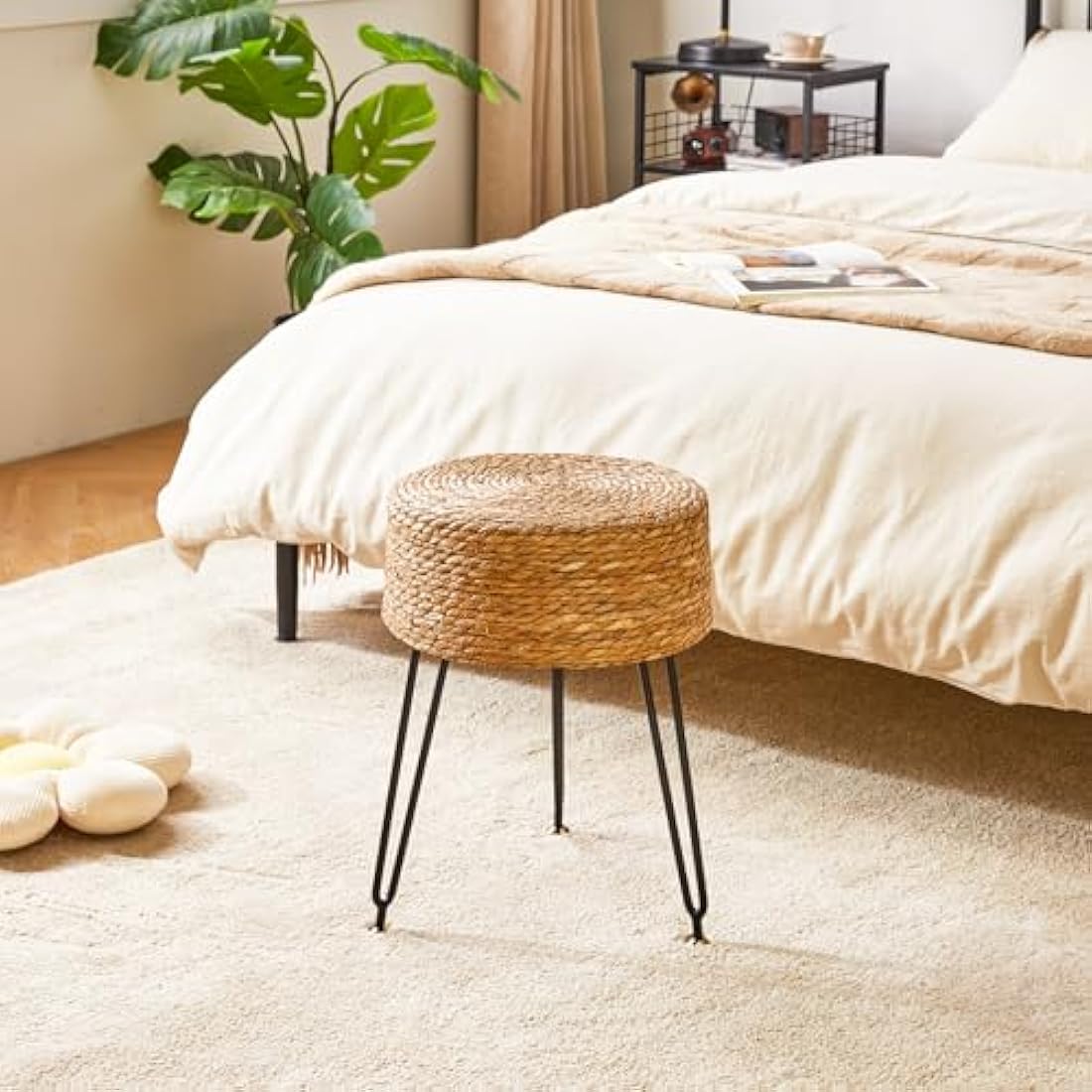 YMYNY Footstool Natural Seagrass Hand Weave, Vanity Makeup Stool, Pastoral Style Footrest, Padded Foot Rest with Metal Legs, Foot Rest Sofa Stool, for Living Room, 32×32×45CM Natural Color HBD029N