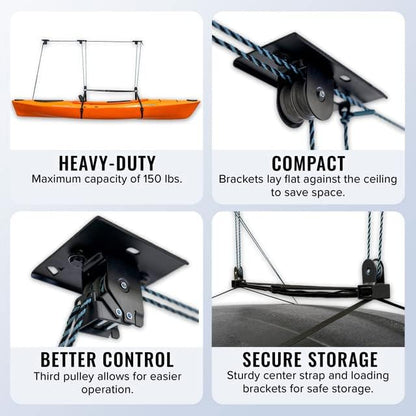 Teal Triangle Pulley Hoist for Kayaks, Canoes, and Paddleboards - Heavy Duty Garage Storage Lift - Kayak Hanger Holds 150 lbs and Fits 10-14 ft Tall