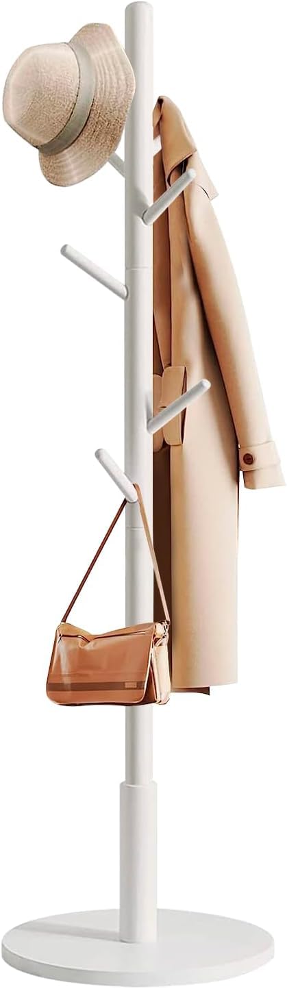 edihome, Coat Stand with Round Base, Freestanding Coat Rack with 8 Hooks, 172 x 38 x 38 cm, Wooden Hall Tree for Coats, Hats, Jackets