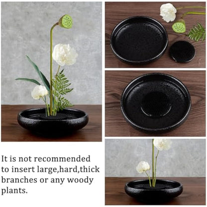WANDIC Flower Frog, 4 Pcs Round Black Plastic Ikebana Kenzan Frogs Japanese Arranging Holder with 3 Suckers for DIY Flower Art Craft