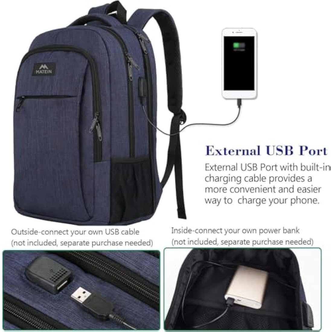 MATEIN Laptop Backpack, 17.3 Inch Large Travel Backpack with Laptop Compartment USB Charging Port, School Bag Water Resistant Anti Theft Computer Work Rucksack for Men Women, Blue