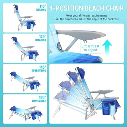 #WEJOY 4-Position Folding Beach Chair - Lightweight Aluminum Camping Chair for Adults, High Back Recliner with Pillow & Storage Pocket, Portable