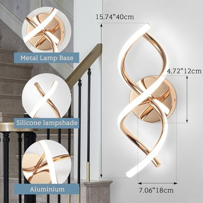 EIDISUNY Wall Lamp LED Gold Modern Elegant Spiral Indoor Wall Lights for Bedside Bedroom Living Room Hallway Wall Lighting Fixture Cool White Light 24W