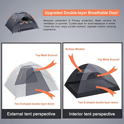 Amflip Camping Tent Automatic 3 Man Person Instant Tent Pop Up Ultralight Dome Tent 4 Seasons Waterproof & Windproof Camping Tent with Removable Outer Tarpaulin, Double Layers
