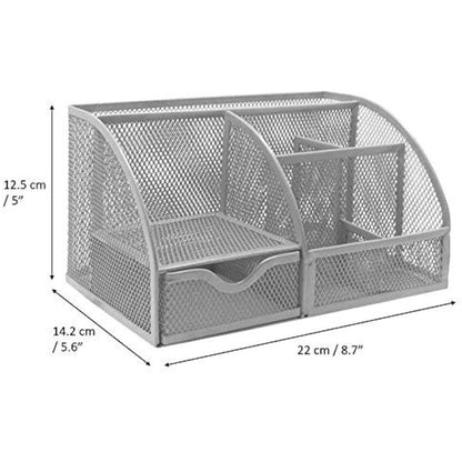 EXERZ Desk Organiser/Mesh Desk Tidy Caddy/Pen Holder/Multifunctional Organiser with 7 Compartments - Silver Grey Colour