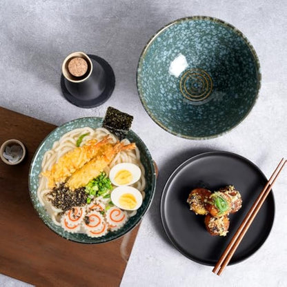 NUTRIUPS 1200ml Ceramic Ramen Bowl Set of 2 Noodle Bowls with Chopsticks and Spoons (Emerald)