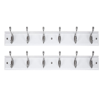 DOKEHOM [2 Pack 6-Satin Nickel Hooks on White Wooden Board Wall Mounted Coat Hook Rack Hanger