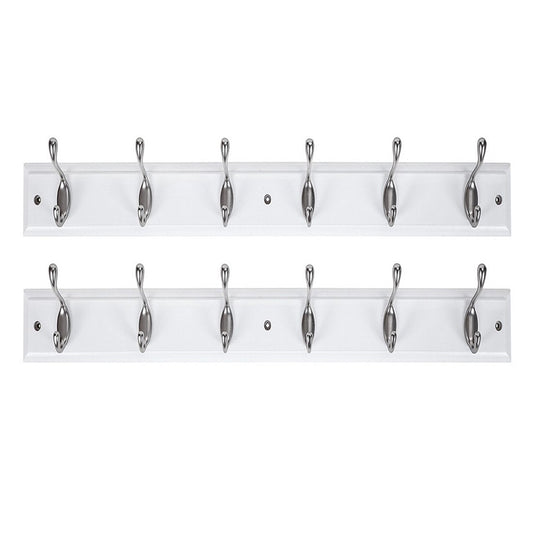 DOKEHOM [2 Pack 6-Satin Nickel Hooks on White Wooden Board Wall Mounted Coat Hook Rack Hanger