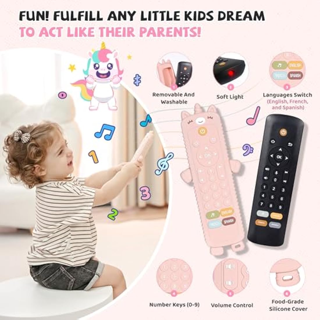 Baby Remote Control Toy with Silicone Teether Cover - Baby Musical Toys, Early Number Learning in 3 Languages (English, Spanish & French), Preschool Infant Girl Toys 6, 9, 12, 18 Month.