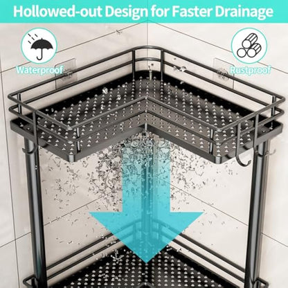 HapiRm Freestanding Shower Caddy Corner - 3 Tier Shower Storage with Soap Holder, Stainless Steel Corner Bathroom Storage with 4 Hooks for Shampoo, Tall Floor Bathroom Caddy Freestanding