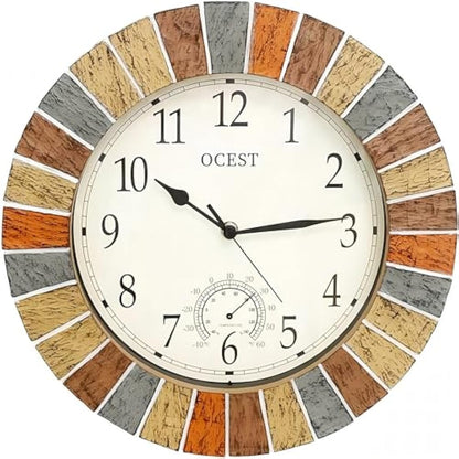 OCEST 13inch Garden Clock, Large Waterproof Outdoor Indoor Wall Clocks with Thermometer, Weather-Resistant Non-Ticking Battery Operated Decor for Patio, Pool