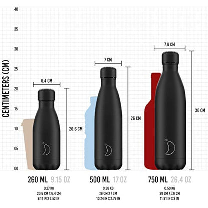 Chilly's Water Bottle - Stainless Steel and Reusable - Leak Proof, Sweat Free - All Black - 260ml