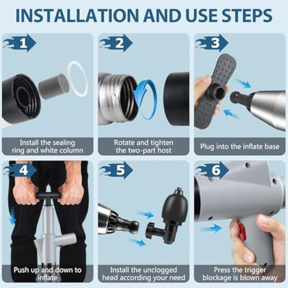inShareplus Toilet Plunger, Grey Toilet Unblocker Heavy Duty, High Pressure Plunger Kit with 4 Replaceable Heads and 1 Gloves Plunger Sink Unblocker for Unblocking Toilets, Sink, Bathtub, Floor, Drain