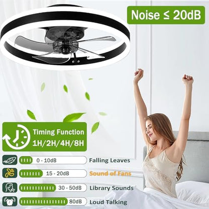 OMGPFR LED Ceiling Fan with Lights, Reversible Remote, 6 Speeds Modern Bedroom Fan Light, Quiet Dimmable Small Ceiling Light for Living Room, Black 50CM