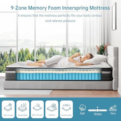 TeQsli Gel Individually Pocket Sprung Single Mattress 3FT with Breathable Soft Fabric, 10.6 Inch Hybrid Mattress Single for Pressure & Back Pain Relief, Medium Firm Mattress in a Box-90x190x27cm