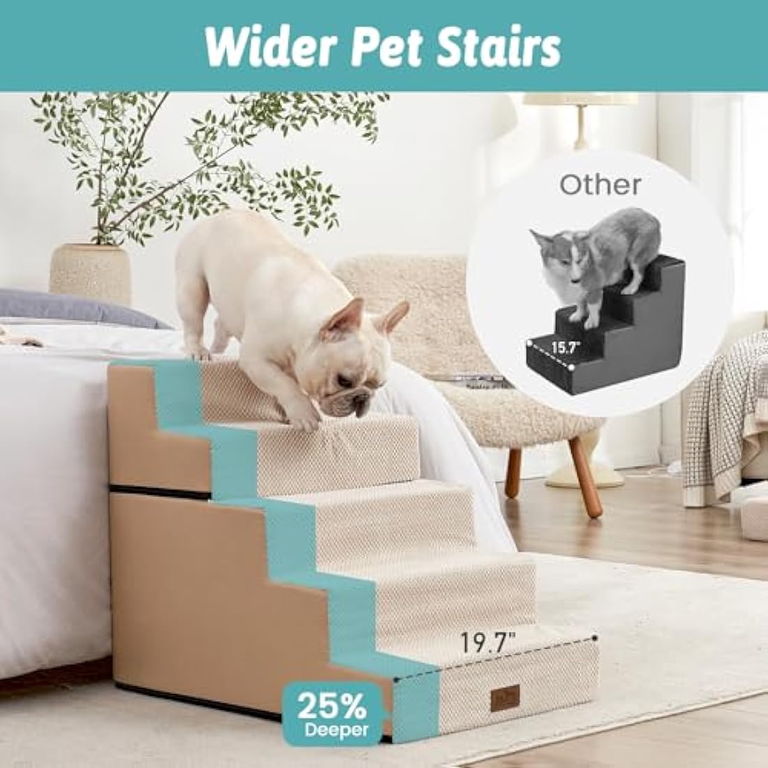 COZY KISS Wide Dog Stairs for Small Dogs, 2-in-1 Pet Steps for Couch Bed Sofa, 60cm High Non-Slip Dog Climbing Steps for Puppies and Old Cats with Support Board (Beige, 75x50x60cm, 5)