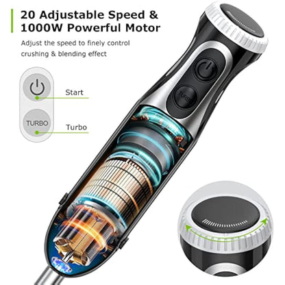 Bonsenkitchen Stainless Steel Hand Blender, 4-in-1 Stick Blender 1000W, 20 Speed Adjustable, with Whisk, 500ml Chopper and 700ml Measuring Cup, Food Processor (HB3203)