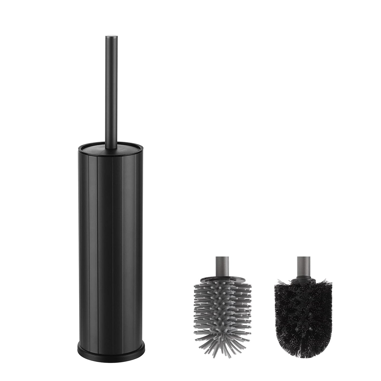 Black Toilet Brush, Round Toilet Brush Holder With 2 Brush Head, Aluminum Loo Brush for Bathroom