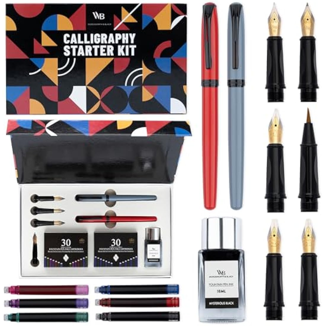 Wordsworth and Black Calligraphy Pen Set - Grey - Includes 2 Calligraphy Pens, 18 ML Ink Bottle, 60 Ink Cartridges, A Refill Converter, 1 Medium and 4 Broad Nibs, Brush Pen