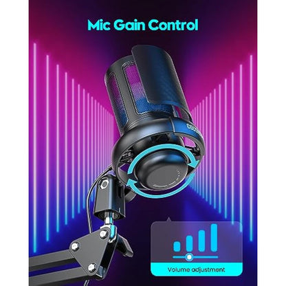 Gaming PC USB Microphone for PC with Boom Arm, USB PC Mic for Podcasts Videos, Streaming, Condenser Mic with Quick Mute, RGB Indicator,Shock Mount,Rotate gain button, Compatible with PS4/5/PC