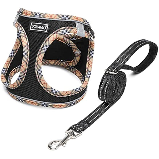 DORAMIO Step-in Dog Harness and Leash Set, Soft Mesh No-Chock Reflective Breathable Easy Walk Lightweight Vest Harnesses with Safety Buckle for Small Dogs, Cats, Puppies (Black Yellow, M)