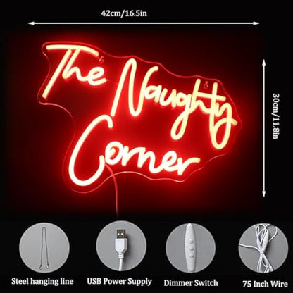QiaoFei LED "The Naughty Corner" Neon Sign Word/Letters USB Powered Neon Lights for Girls Room Home Bar Art Wall Decor Party Window Living Room Decor Birthday Christmas' Gift(Red)