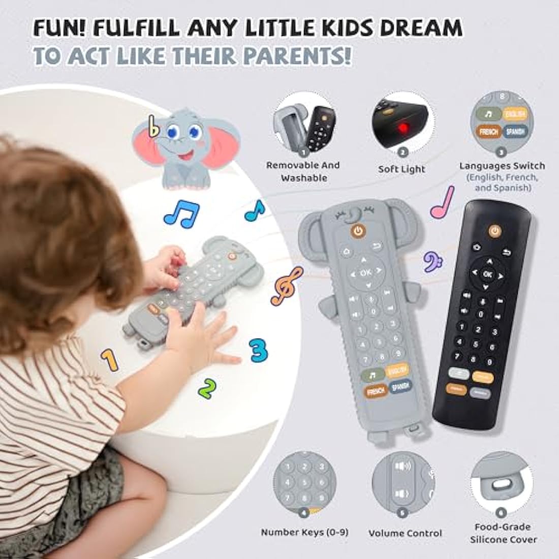 Baby Remote Control Toy with Silicone Teether Cover - Baby Musical Toys, Early Number Learning in 3 Languages (English, Spanish & French), Preschool Boys Girls Toys Gift 6, 12, 18 Months.