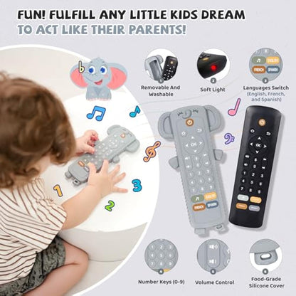 Baby Remote Control Toy with Silicone Teether Cover - Baby Musical Toys, Early Number Learning in 3 Languages (English, Spanish & French), Preschool Boys Girls Toys Gift 6, 12, 18 Months.