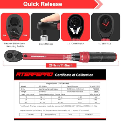 ATsafepro Torque Wrench 3/8 Inch, Drive Click 5-60 Nm Torque Wrench Auto, Dual Direction Adjustable 72 Tooth Bike Torque Wrenches for Bike and Motorcycle Car Maintenance