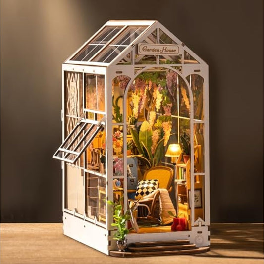 ROBOTIME Book Nook Kit Gardenhouse with LED Lights, DIY Miniature Dolls House Kit 3D Wooden Puzzle Bookend Booknook Book Shelf Decoration Gift