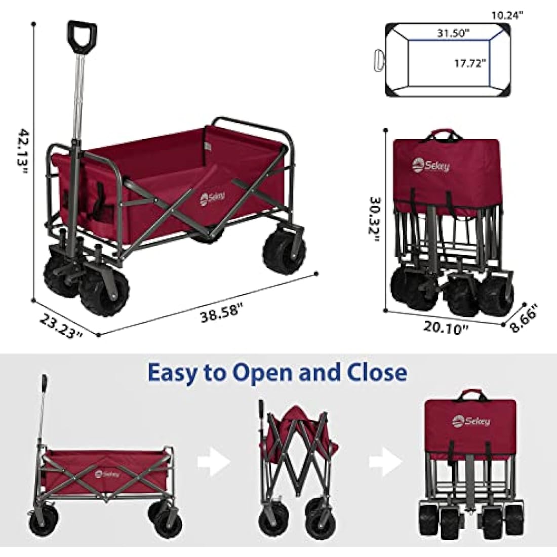Sekey Folding Festival Trolley with Wide All-Terrain Wheels, 440LB Large Load Capacity, Heavy-Duty Camping Wagon with Brake, Sturdy Beach Garden Cart, Adjustable Handles & Drink Holders, Red