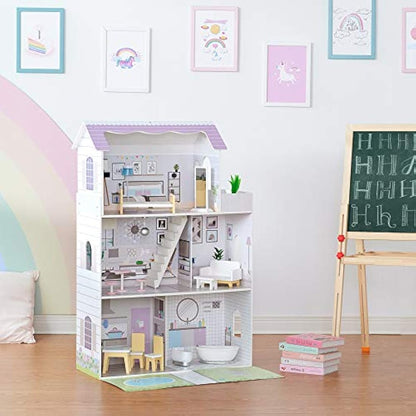 Olivia's Little World Lavender Grand 3-Story Wooden Doll House with Balcony and 16-pc. Accessory Set for 12" Dolls, White with Lavender accents