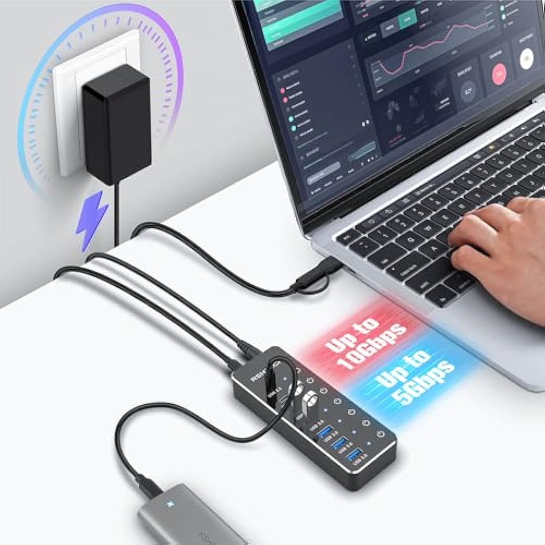 RSHTECH Powered USB Hub 3.1/3.2 Gen2, 7-Port USBC Hub with 4 USB 3.0, 10Gbps USB-A & 2 USB-C Data Ports, Aluminum USB3.2 Splitter for Laptops, PC and More (Upgraded Version, RSH-ST07C)