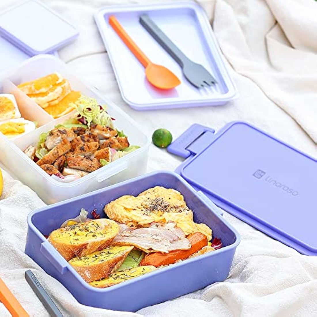 linoroso Bento Lunch Box for Adults with 3 Compartments Lunchbox with Sauce Container and Utensils, Bento Boxes for Microwave and Dishwasher Plastic BPA-Free As Sandwich Snack Salad Box - Veri Peri