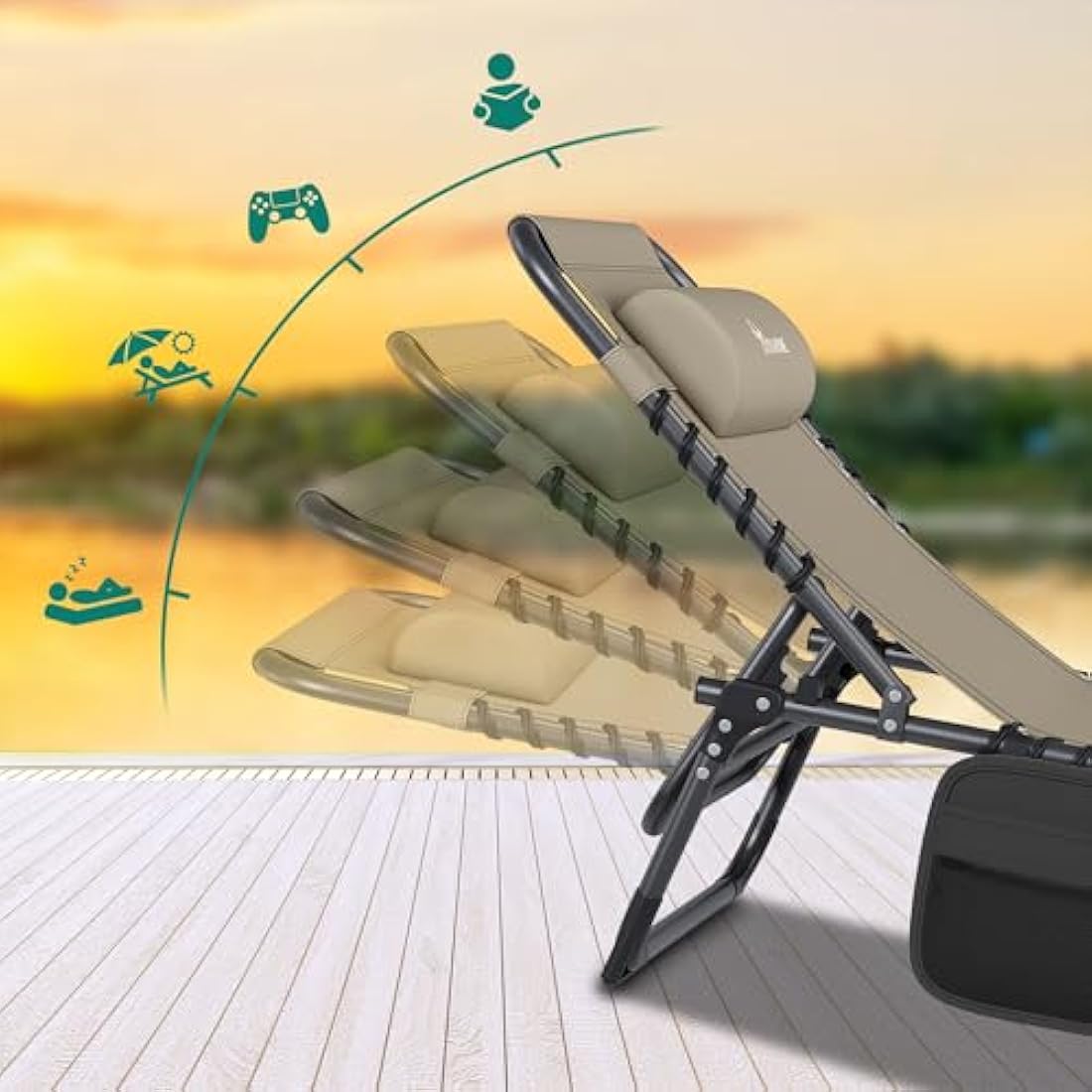 YITAHOME Reclining Sun Lounger Set of 2, Folding Sun Bed 4 Position Adjustable, 190x60x31 cm Sunloungers with Removable Headrest & Side Pocket Load capacity 300lbs for Garden, Beach, Camping, Khaki