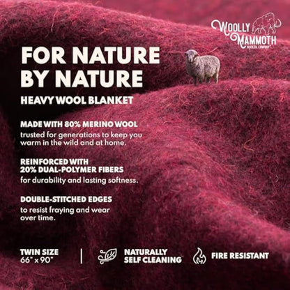 Woolly Mammoth Merino Wool Blanket - Large 66" x 90", 4LBS Camp Blanket | Throw for The Cabin, Cold Weather, Emergency, Dog Camping Gear, Hiking, Survival, Army, Outside, Outdoors – Burgundy